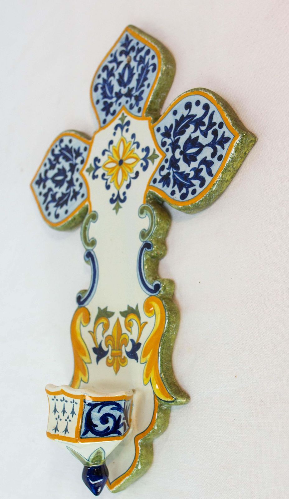 French Faience Wall Cross With Holy Water Font Henriot Quimper, 20th Mid Century photo for sale