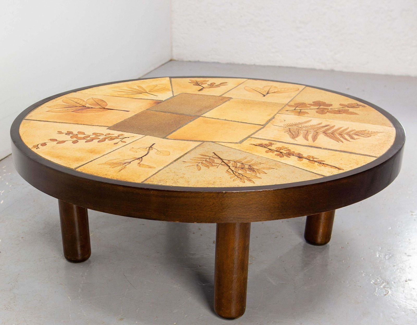 French Round Coffee Table Herbarium Vallauris Ceramics Signed Raymonde Leduc photo Furniture