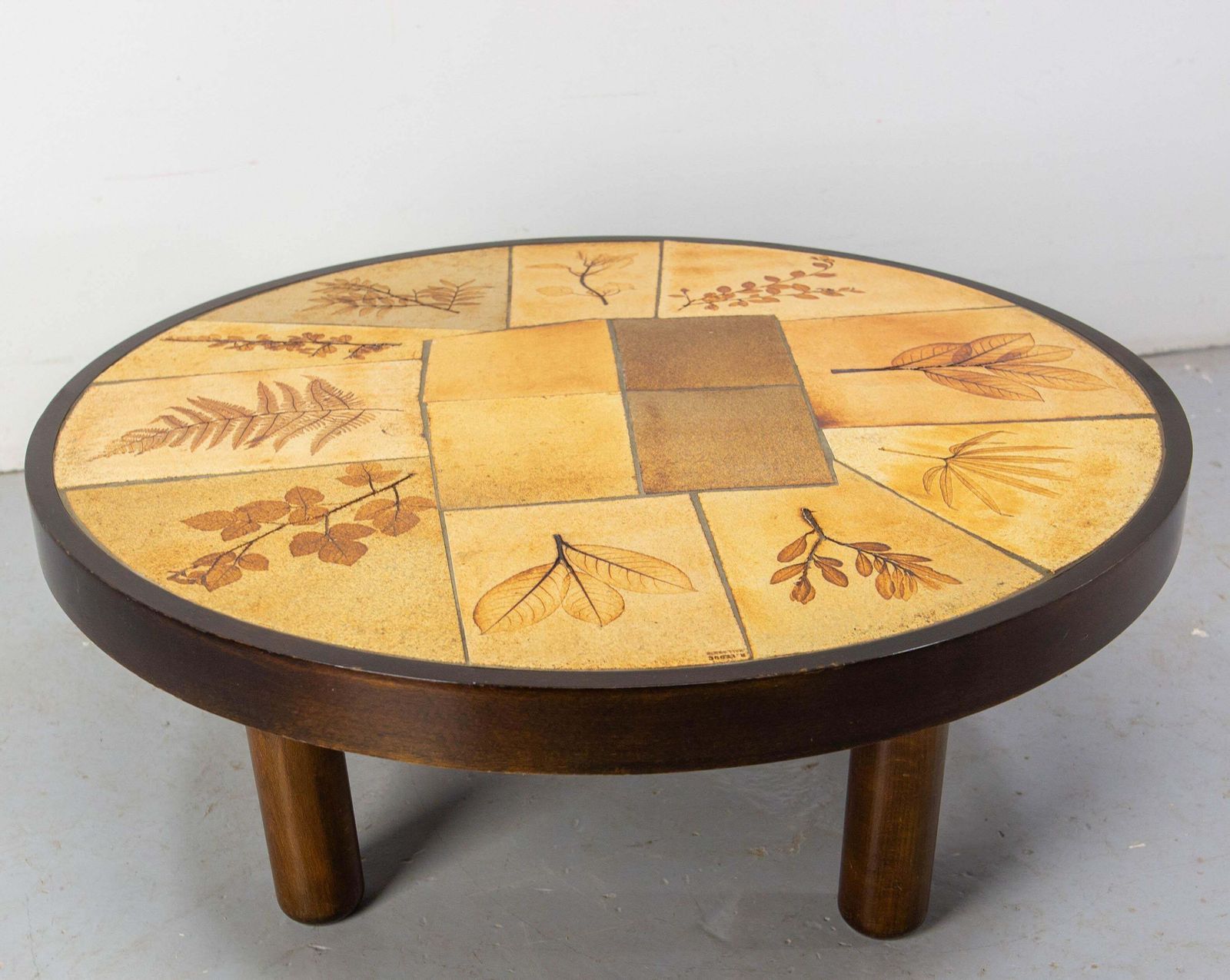 French Round Coffee Table Herbarium Vallauris Ceramics Signed Raymonde Leduc photo 2385.0