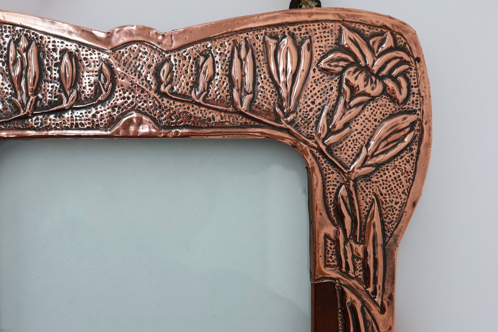 Art Nouveau Embossed Copper And Wood Art Picture Frame, France, 1910s photo for sale