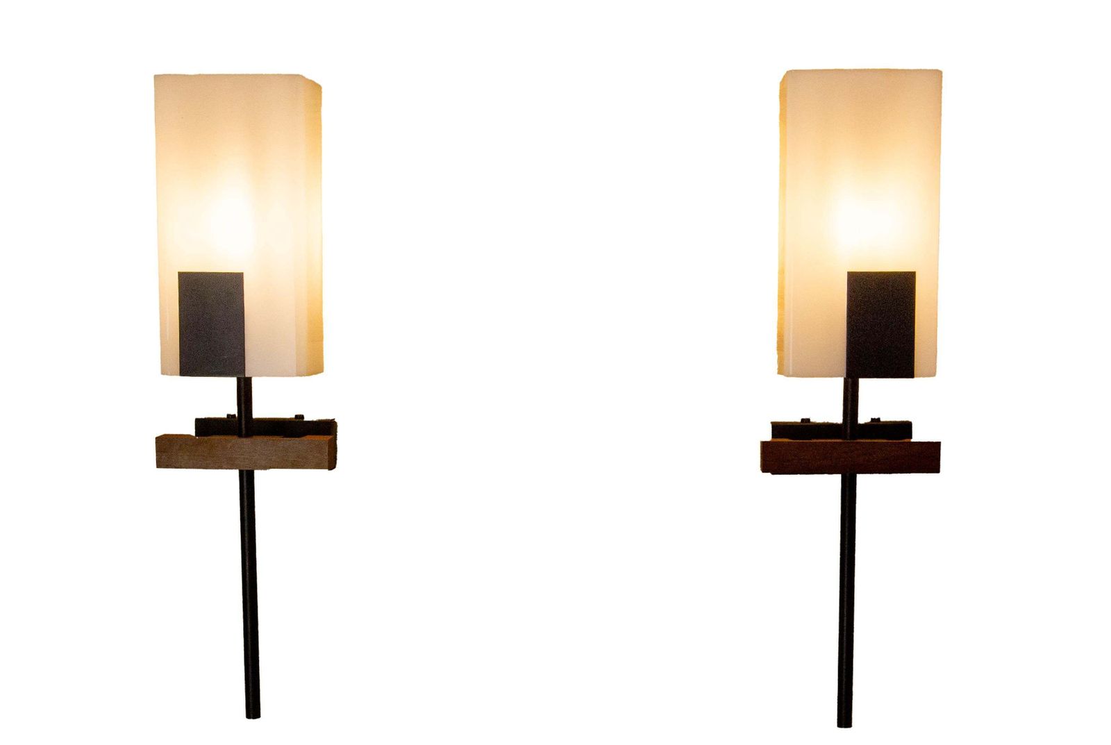 Pair Of Sconces Opalin Glass, Black Metal & Teak Circa 1960 France photo furniture