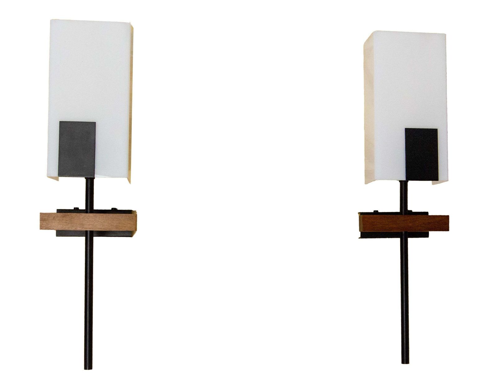 Pair Of Sconces Opalin Glass, Black Metal & Teak Circa 1960 France photo for sale