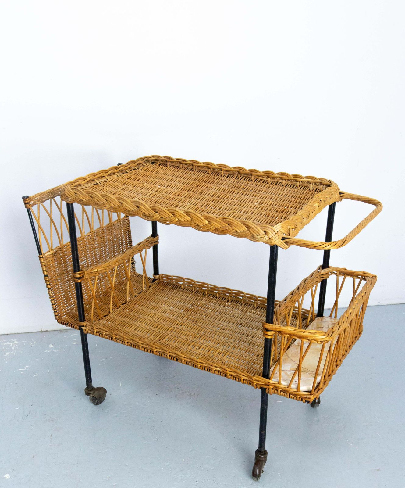 Midcentury Rattan And Black Metal Raoul Guys Trolley Bar Cart, Circa 1950 photo furniture