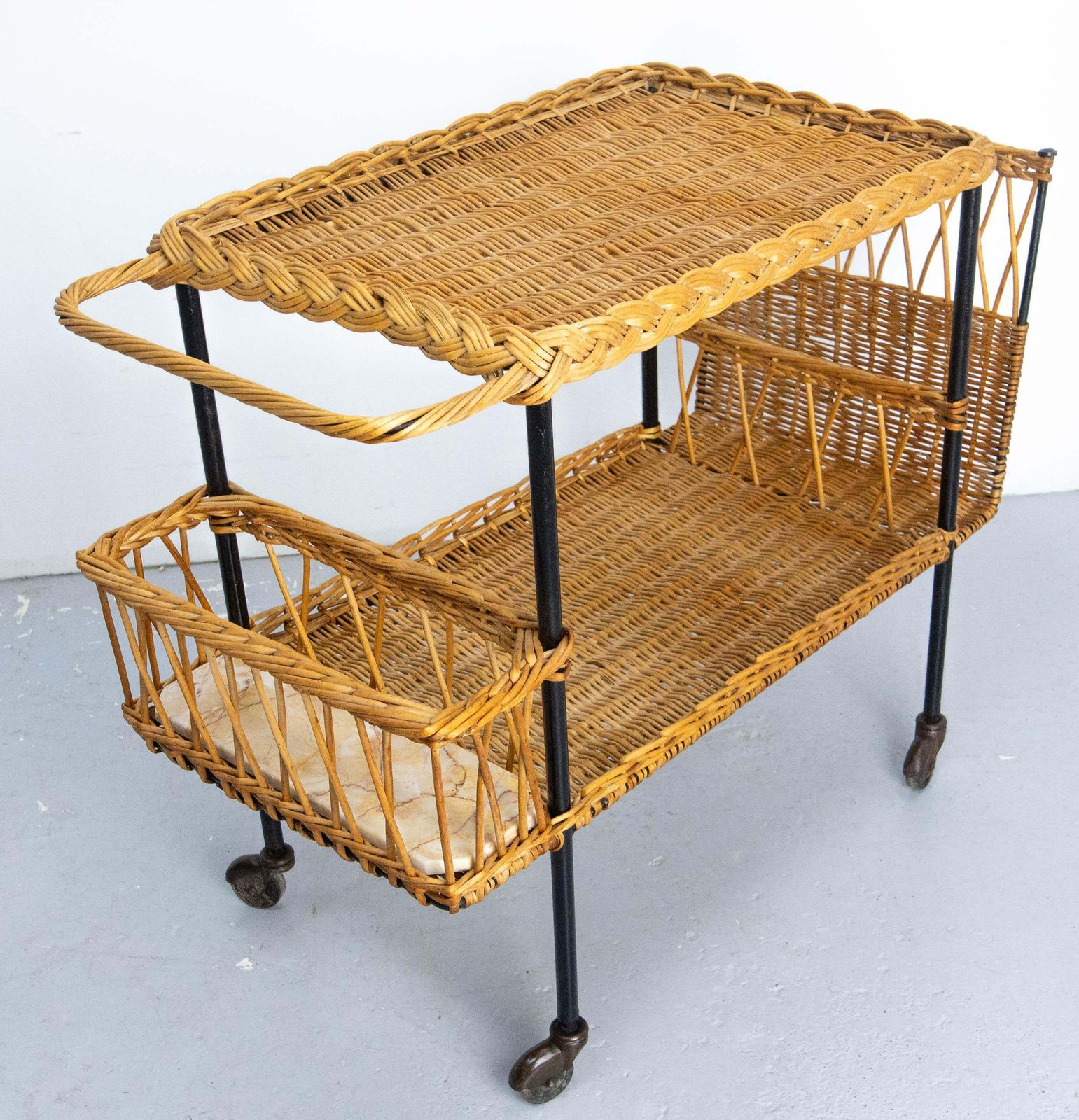 Midcentury Rattan And Black Metal Raoul Guys Trolley Bar Cart, Circa 1950 photo Furniture