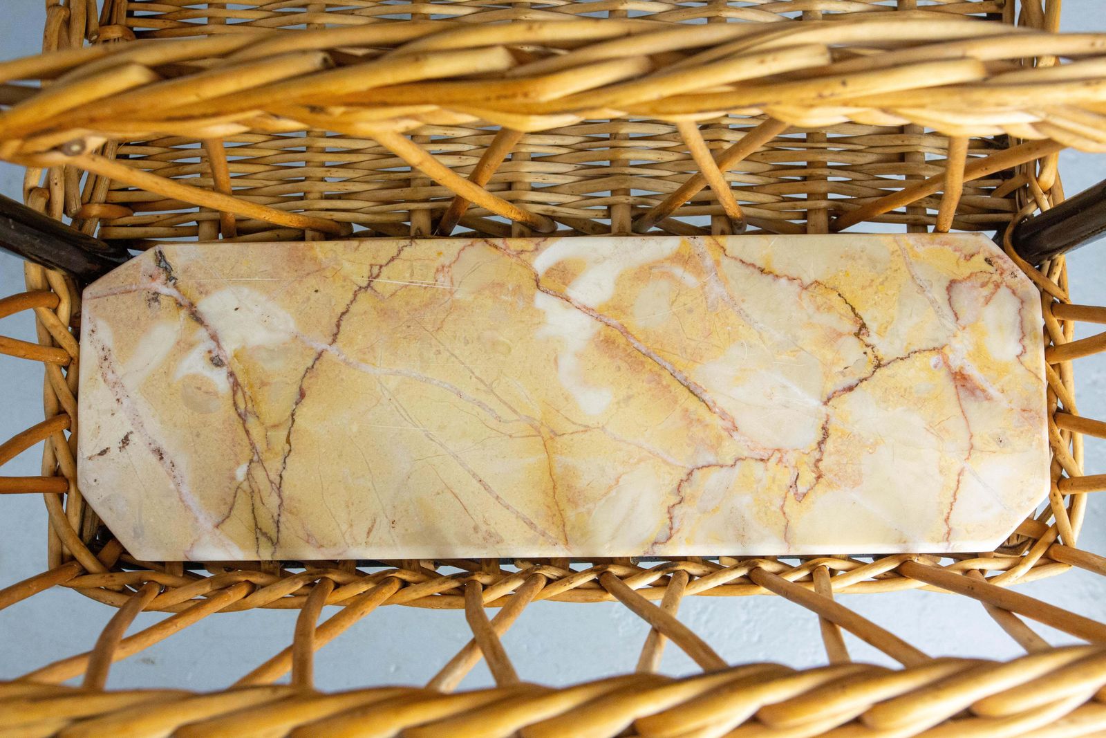 photo for sale Midcentury Rattan And Black Metal Raoul Guys Trolley Bar Cart, Circa 1950