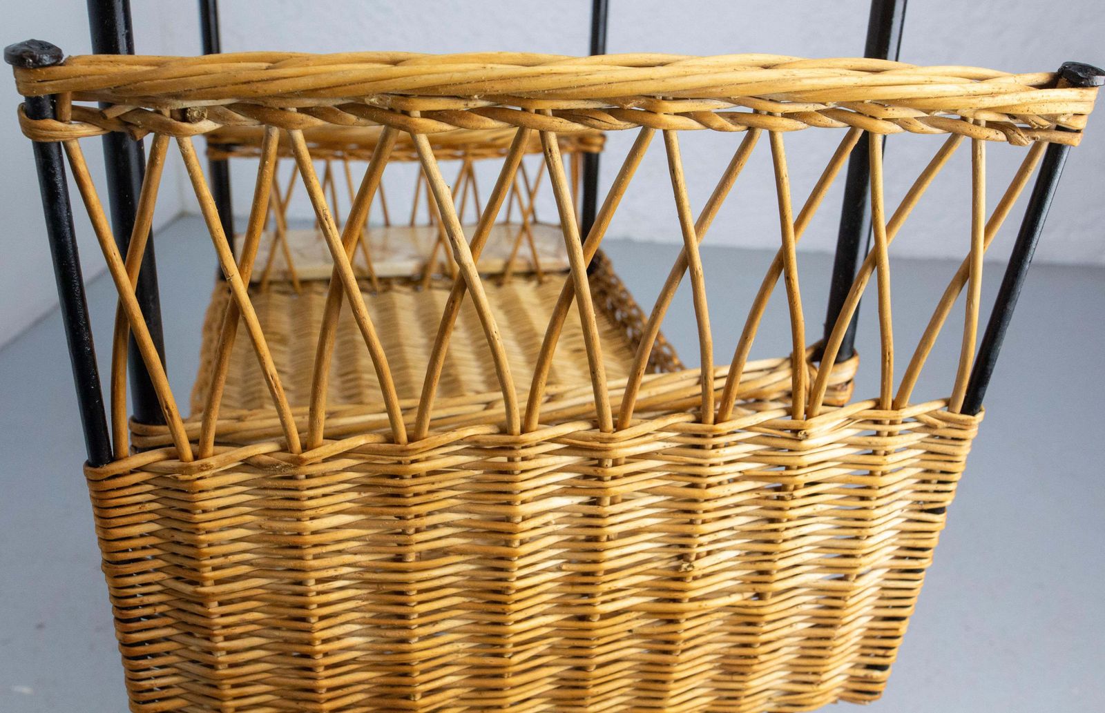 photo vintage Midcentury Rattan And Black Metal Raoul Guys Trolley Bar Cart, Circa 1950