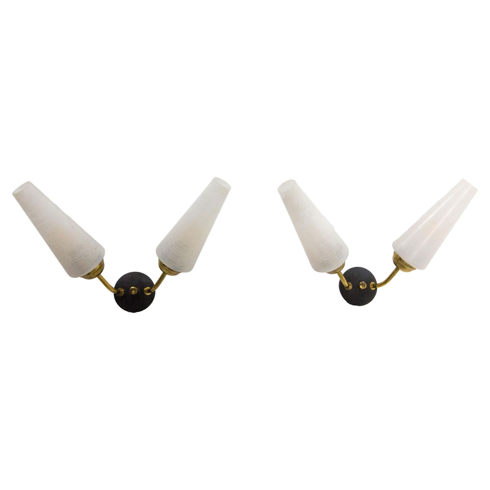 Pair Of Double Sconces Glass Black & Golden Metal Arlus Style C 1960 France