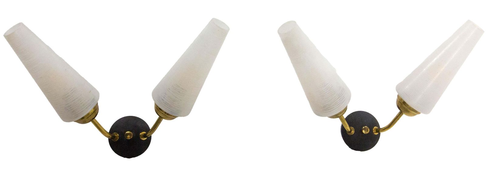 Pair Of Double Sconces Glass Black & Golden Metal Arlus Style C 1960 France photo furniture