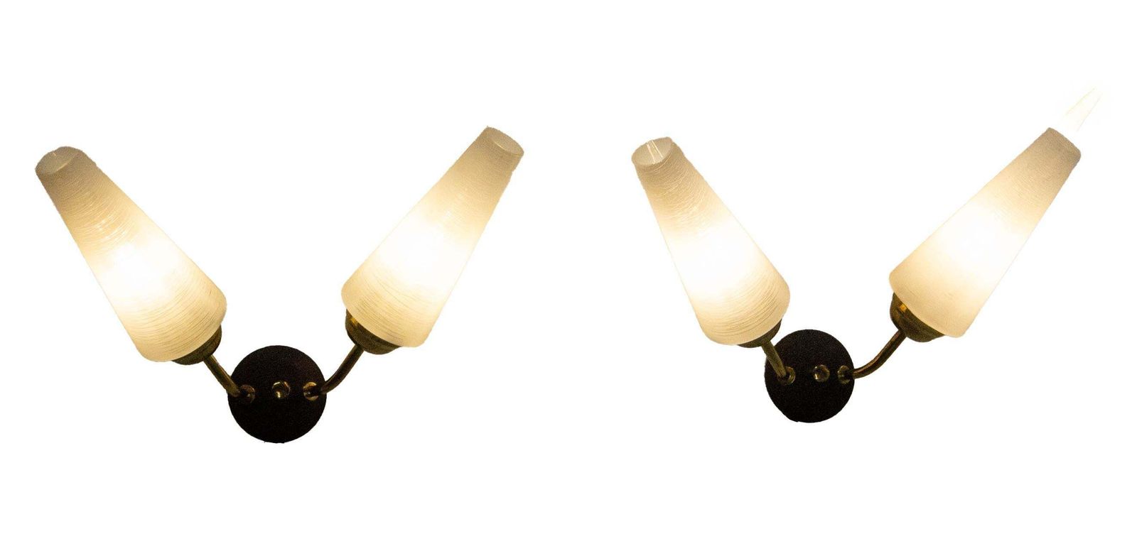 Pair Of Double Sconces Glass Black & Golden Metal Arlus Style C 1960 France photo for sale
