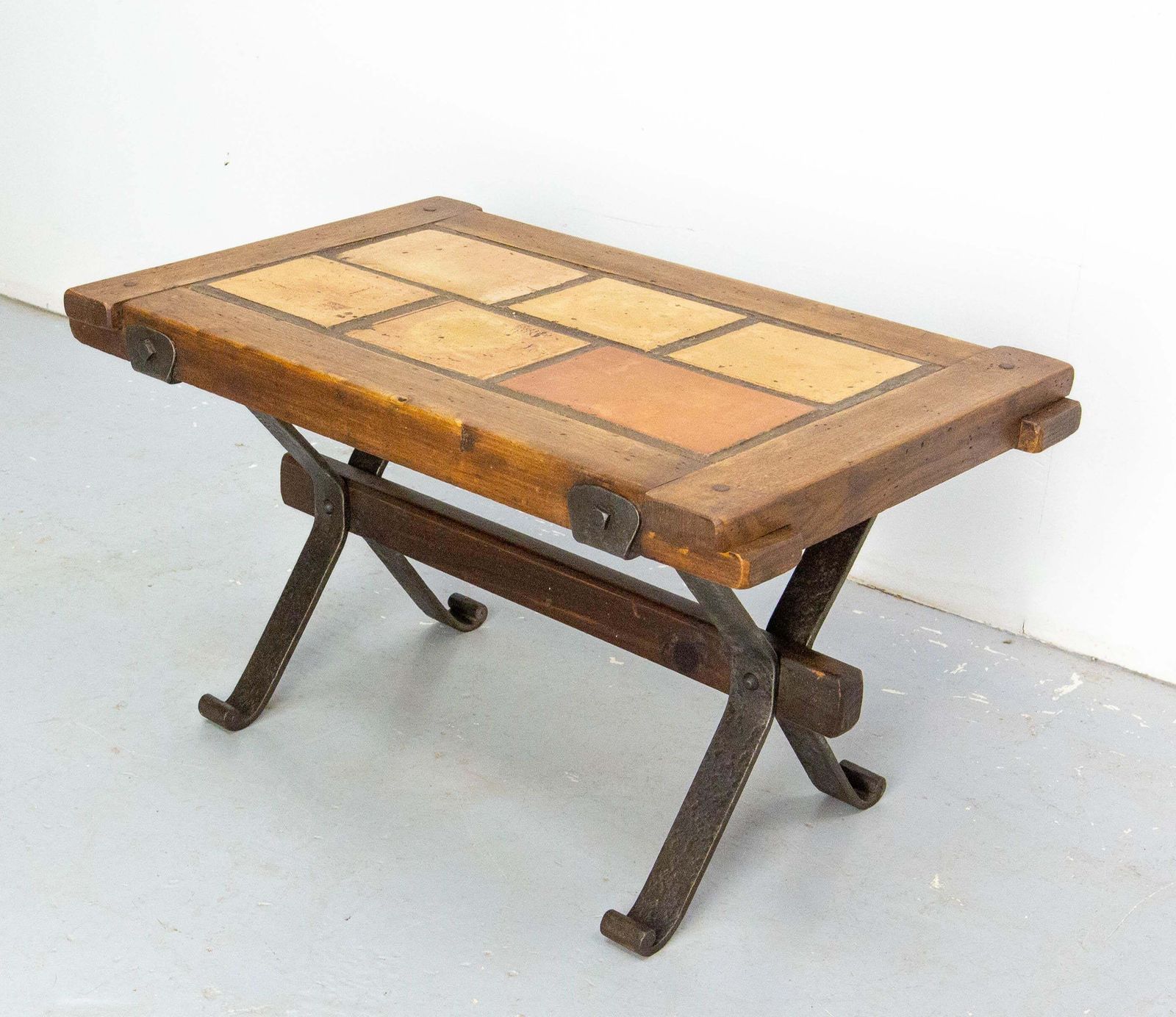 French Terracotta Tiles & Chestnut Top & Wrought Iron Coffee Table, Circa 1960 photo Furniture
