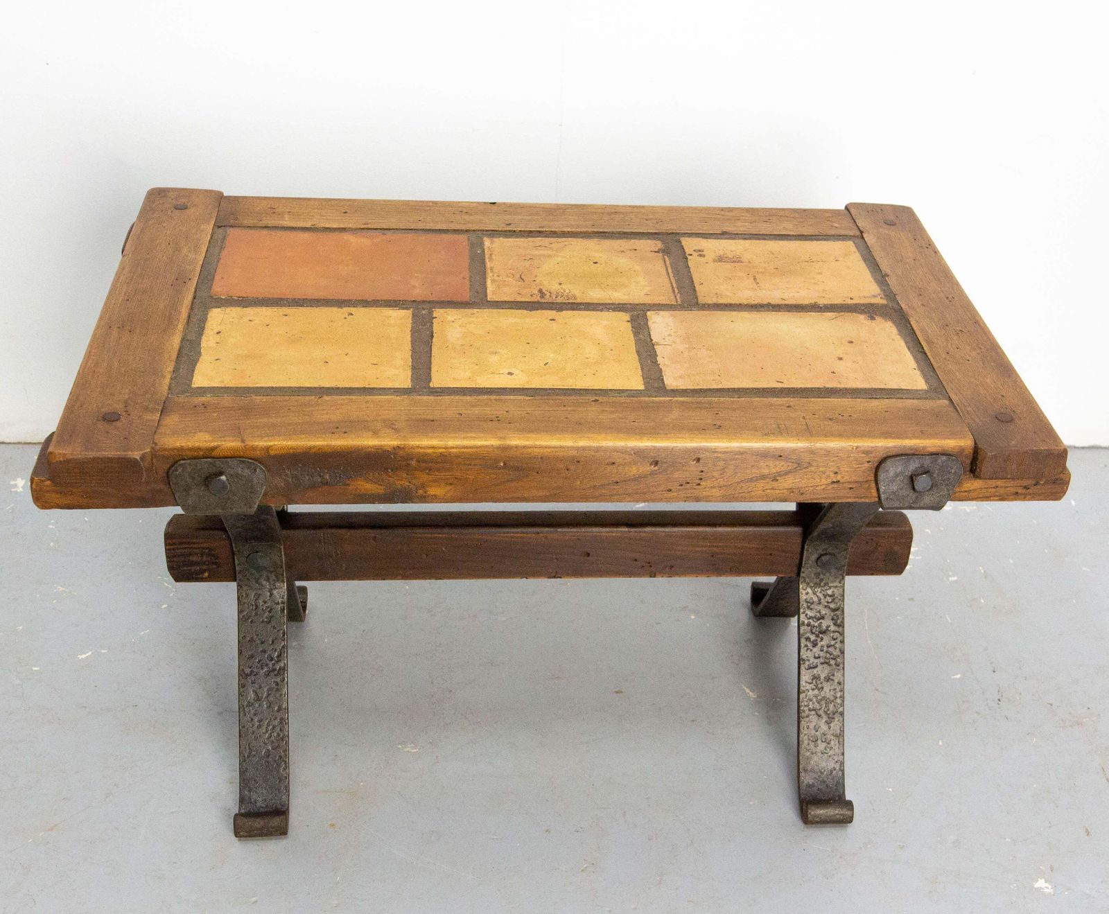 French Terracotta Tiles & Chestnut Top & Wrought Iron Coffee Table, Circa 1960 photo vintage