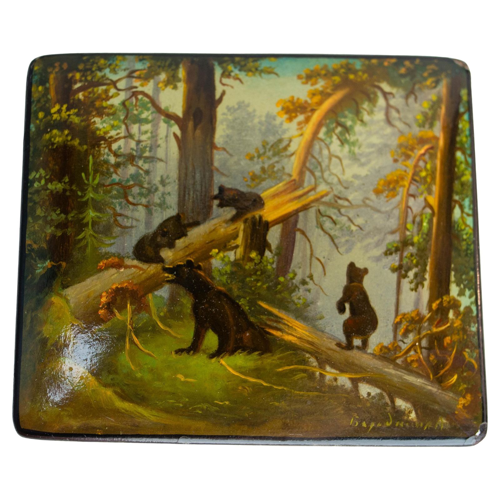 Russian Fedoskino Lacquered Box "Morning In A Pine Forest", Family Bear 1965