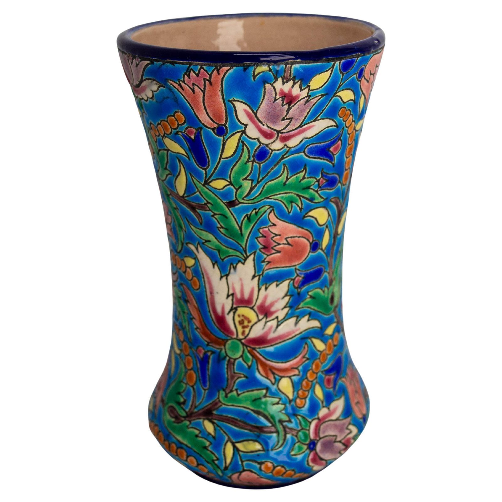 French Enameled Vase Longwy Manufacture Blue With Vegetal Motifs Circa 1960