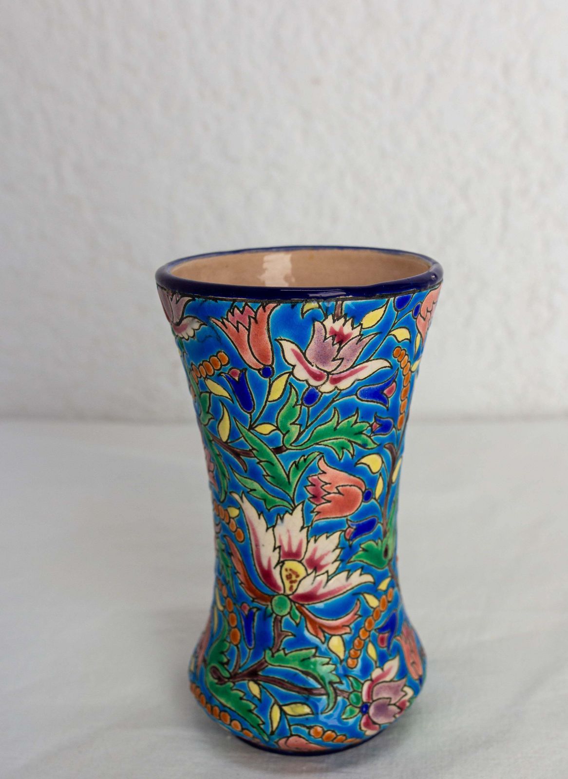French Enameled Vase Longwy Manufacture Blue With Vegetal Motifs Circa 1960 photo furniture