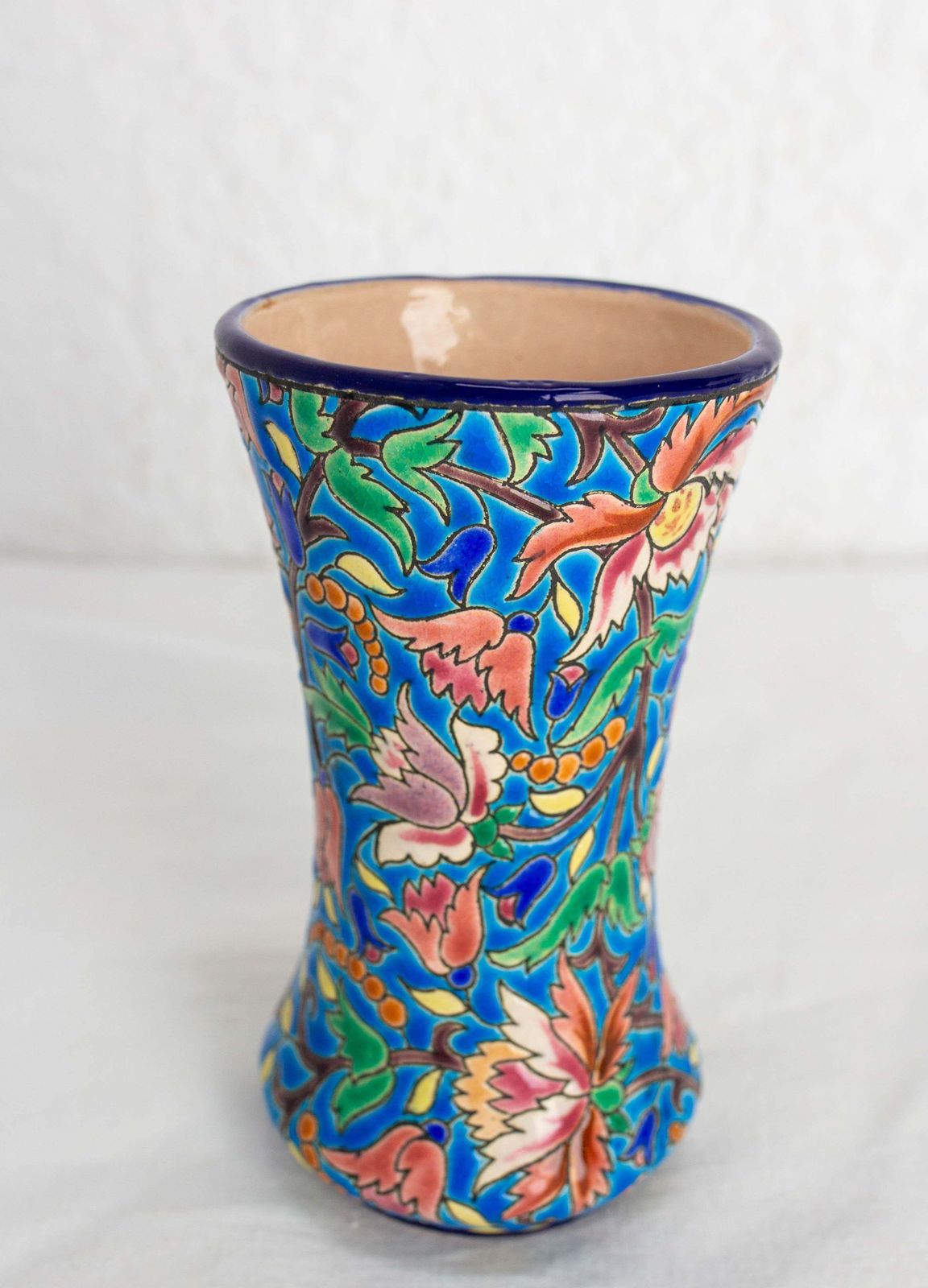 French Enameled Vase Longwy Manufacture Blue With Vegetal Motifs Circa 1960 photo Home Decor