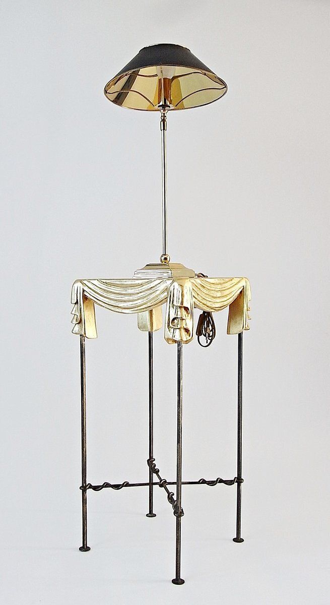Side Table And Table Lamp In Wrought Iron And Brass, 1990s, Set Of 2 photo for sale