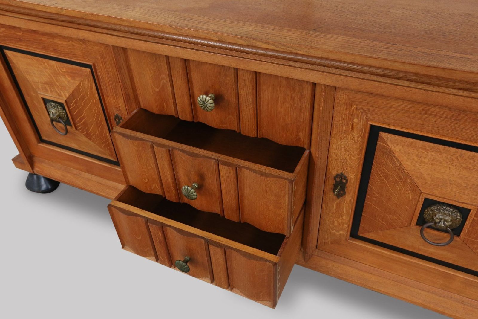 Art Deco Brutalist Belgian Sideboard In Oak And Brass Details, 1940s photo Furniture