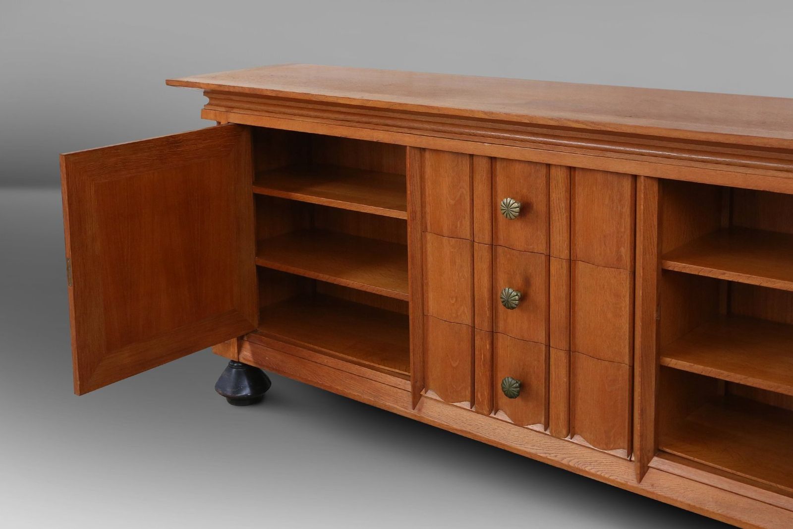 photo for sale Art Deco Brutalist Belgian Sideboard In Oak And Brass Details, 1940s
