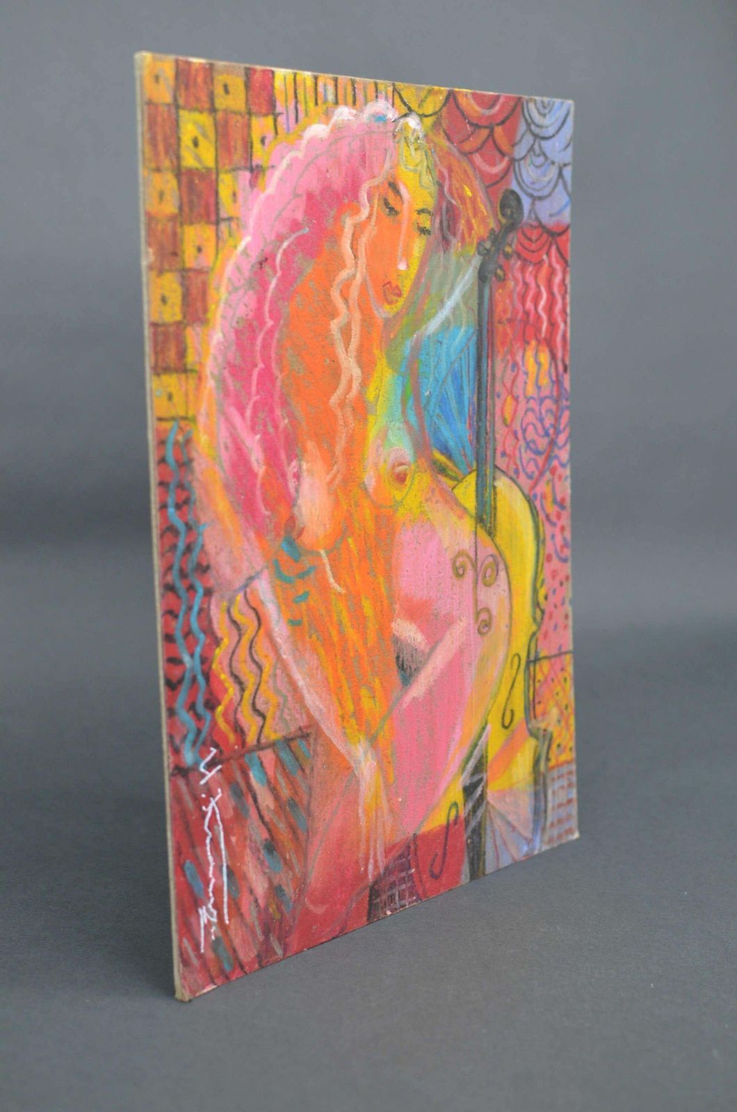photo for sale Uldis Krauzegirl With Chello. 2020. Oil/Cardboard, 37x24 Cm2020