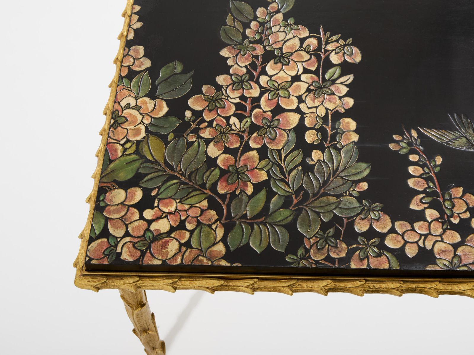 Maison Baguès Foliage Gilt Bronze Chinoiserie Lacquered Side Tables 1950s photo Furniture