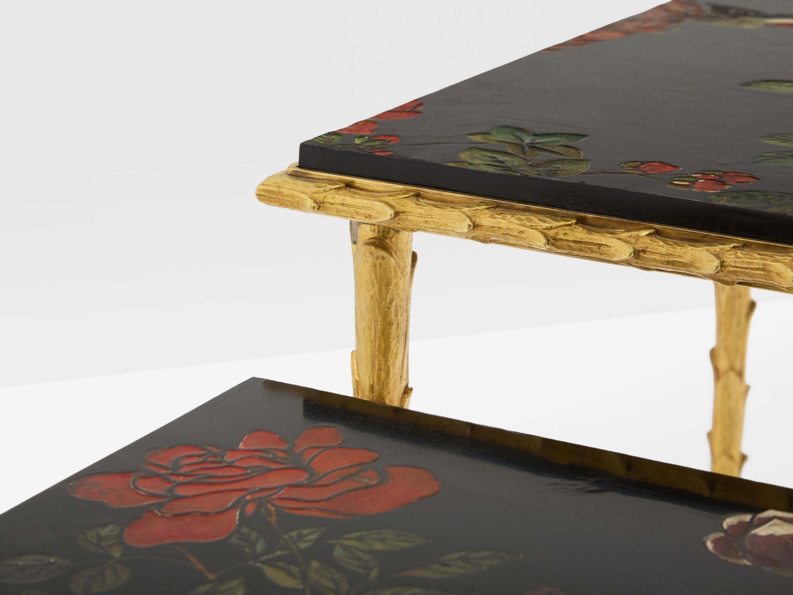 Maison Baguès Foliage Gilt Bronze Chinoiserie Lacquered Side Tables 1950s photo buy