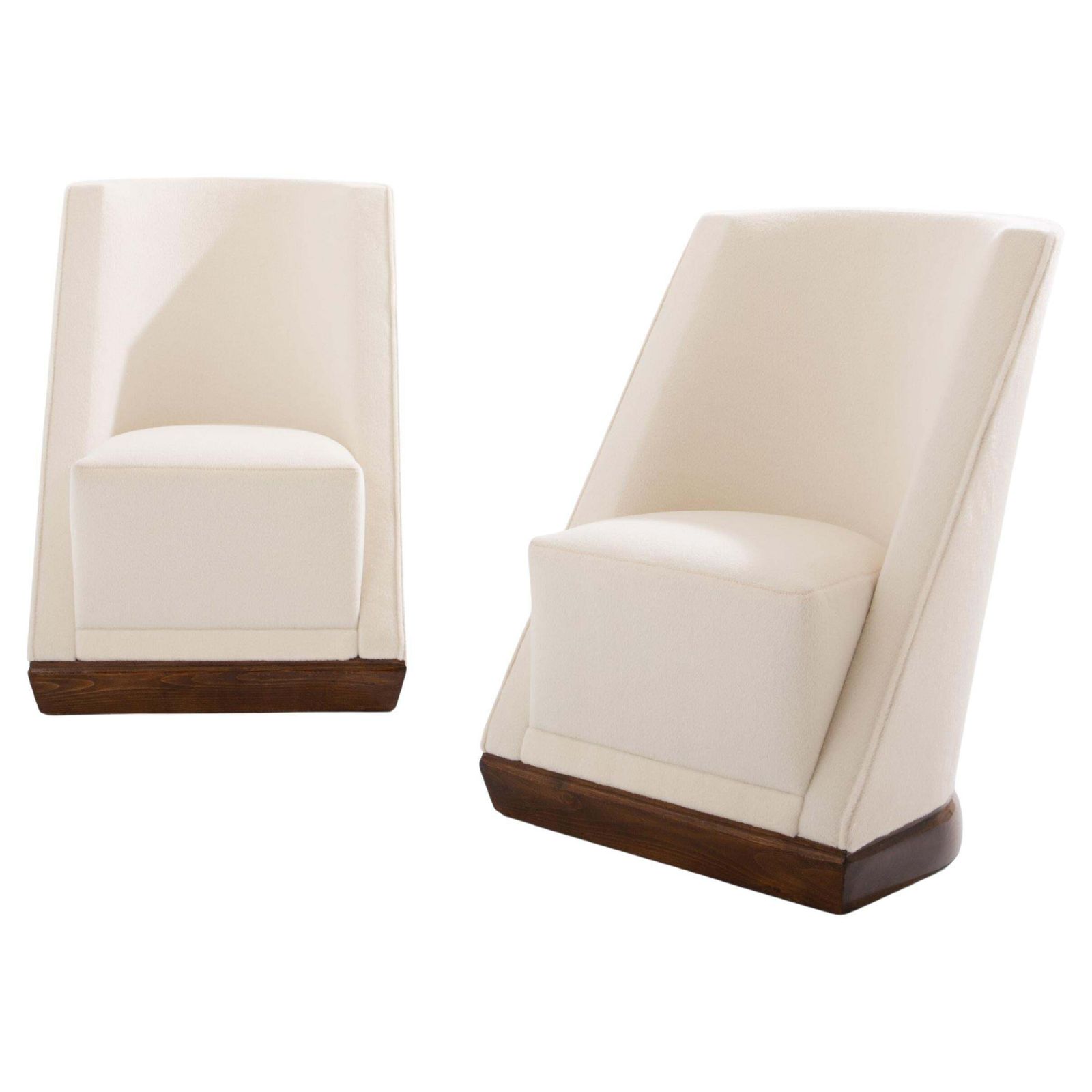 Paire de fauteuils modernistes Louis Sognot en noyer, alpaga blanc, 1927