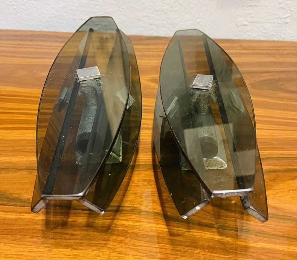 Smoked Glass Wall Lamps With Chrome Inserts From Fontana Arte, Set Of 2
