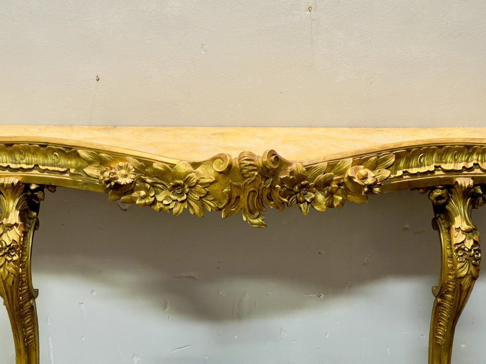 Baroque Gold Gilded Console With Giallo Reale Marble Top, 18th Century photo for sale