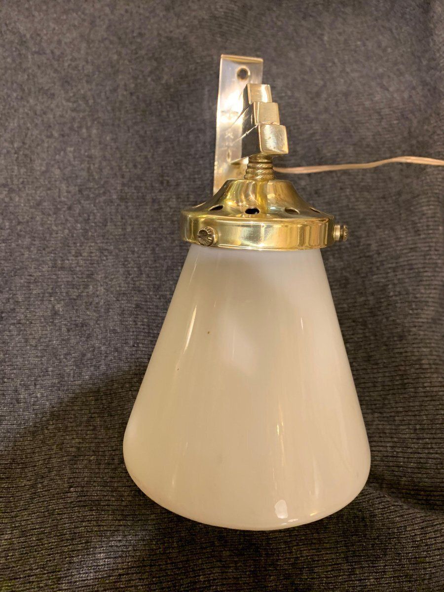 Italian Art Deco Brass Wall Lamps With Opaline Glass Tulip Shades, 1920s, Set Of 2