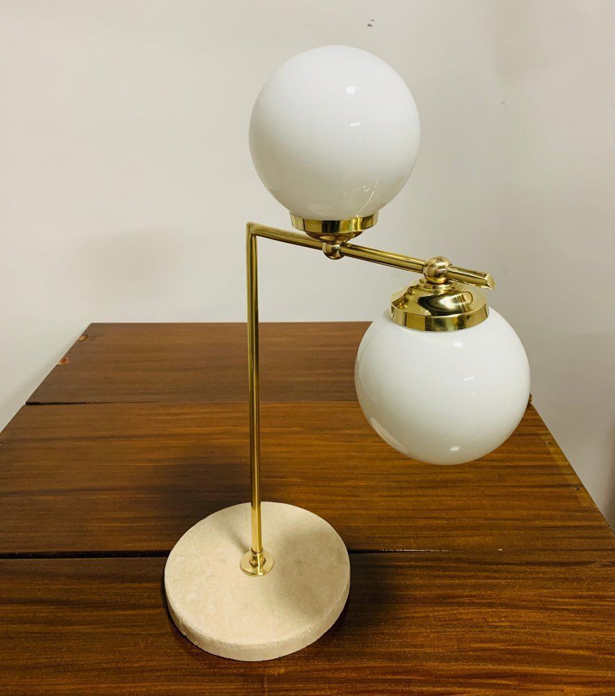 Art Deco Table Lamp In Brass And Marble With Opal Glass Spheres, Italy, 1940s photo Lighting