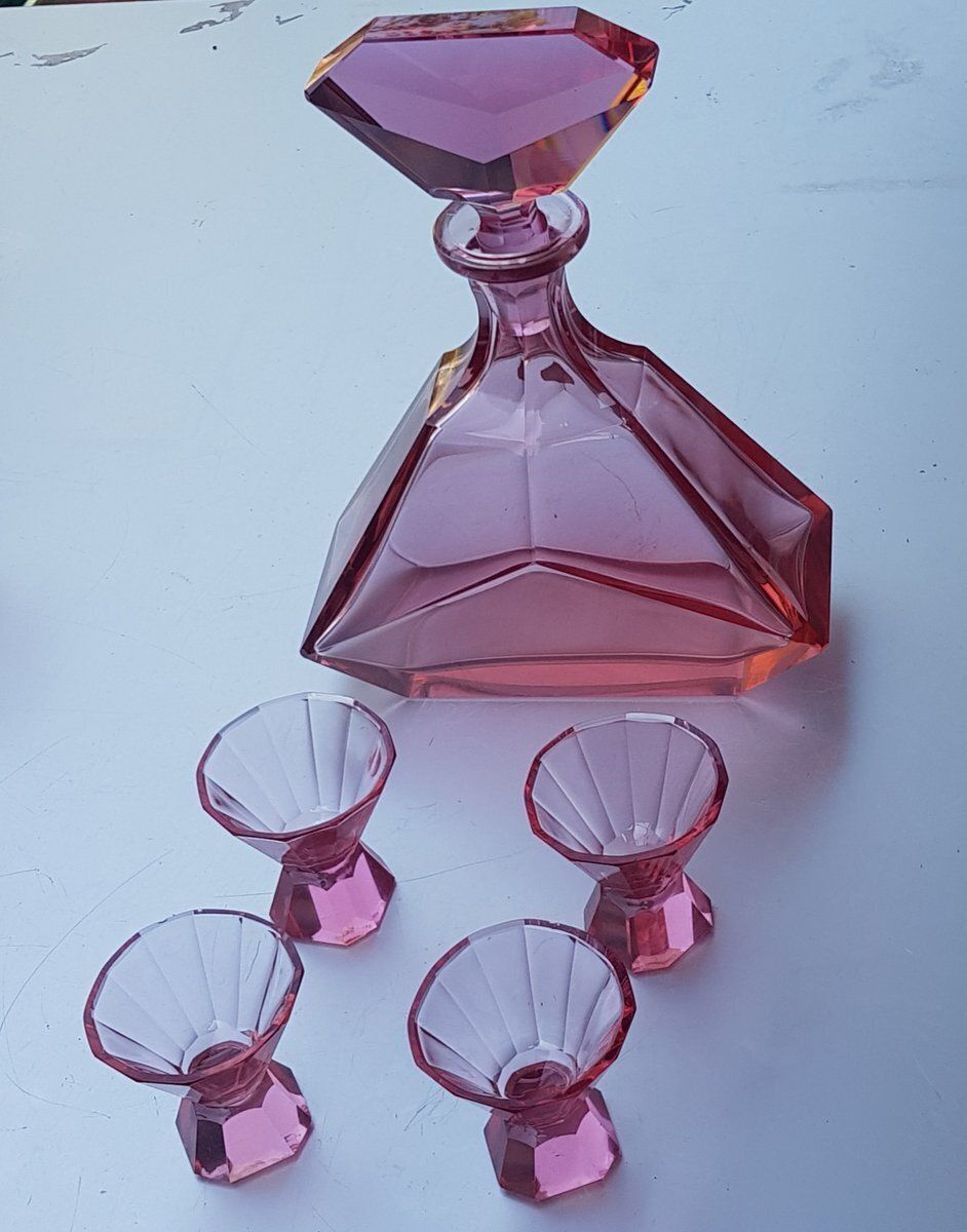 Art Deco Pink Crystal Glass Decanter With Glasses, Set Of 3