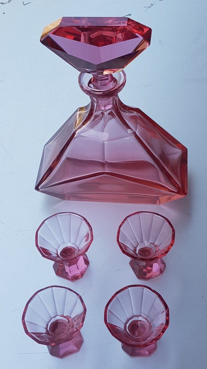 Art Deco Pink Crystal Glass Decanter With Glasses, Set Of 3 photo furniture