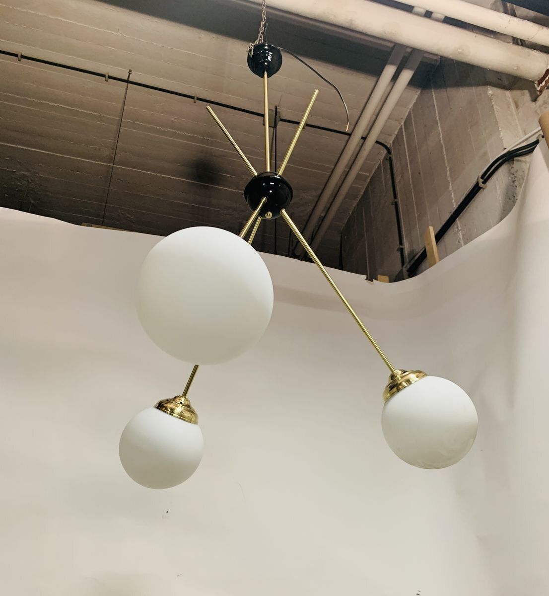 Mid Century Chandelier In Brass And Satin Opal Glass, Italy, 1960s