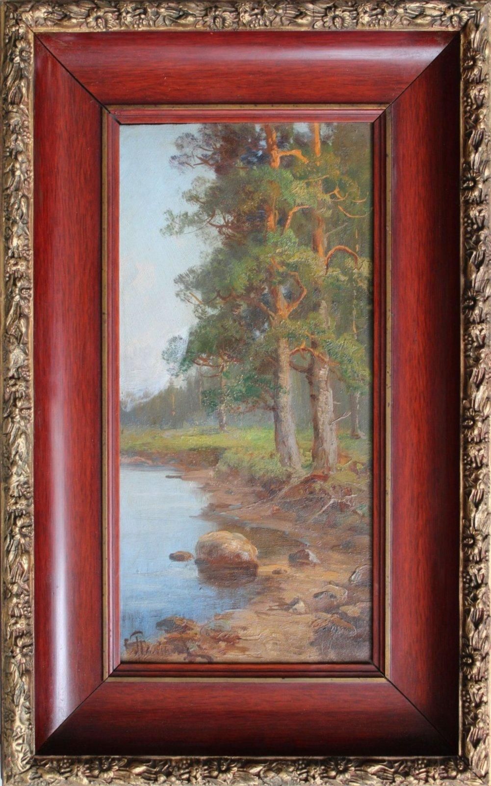 Semyon Sergeevich Platonovpine Trees On The River Bank  Cardboard, Oil, 39x20 Cm photo furniture