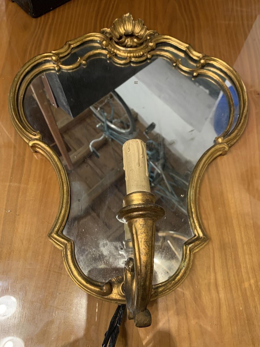 Italian Carved Wood Wall Lamp With Mercury Mirror And Gold Gilding, 1960s
