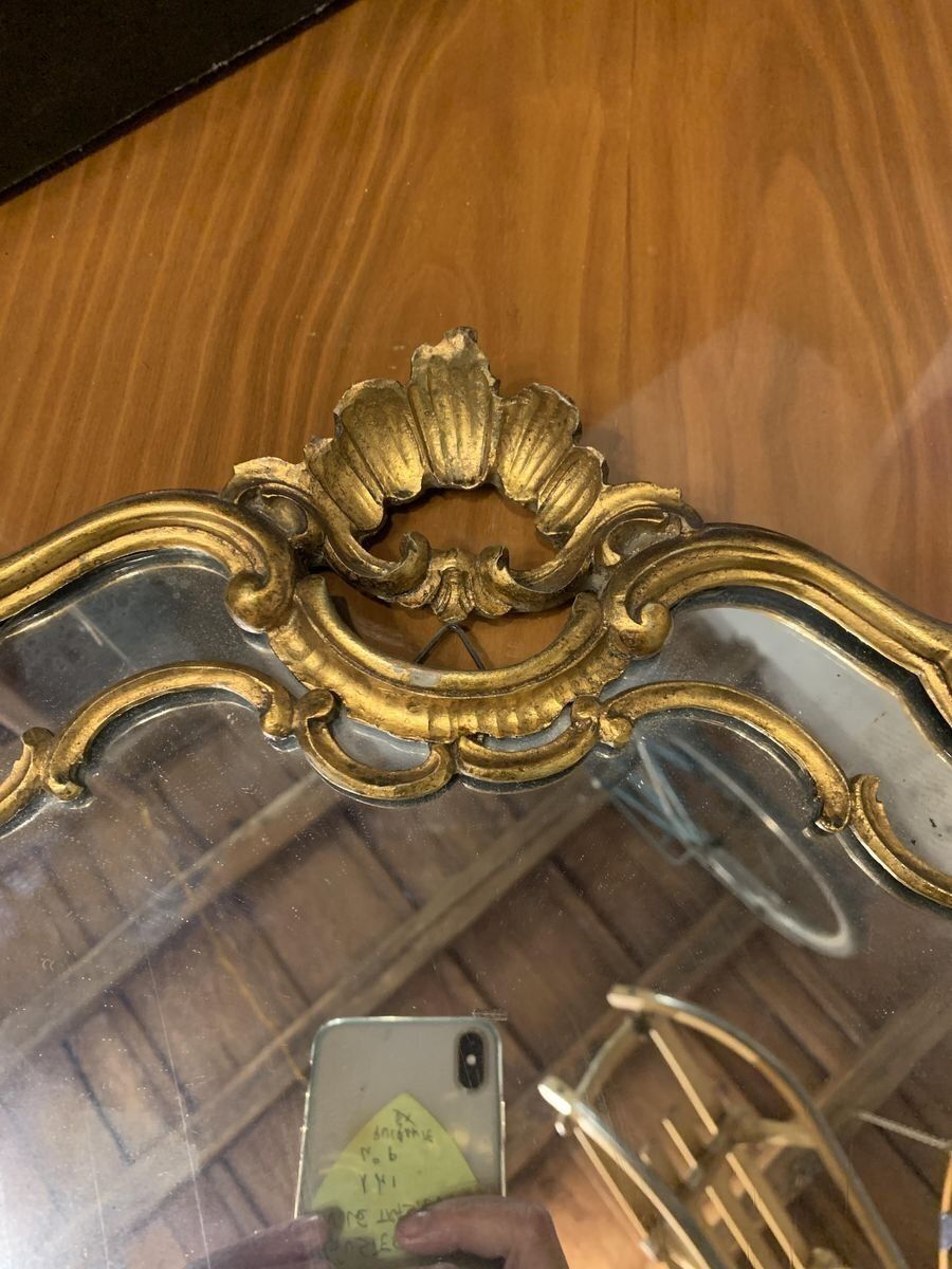 Italian Carved Wood Wall Lamp With Mercury Mirror And Gold Gilding, 1960s photo Lighting