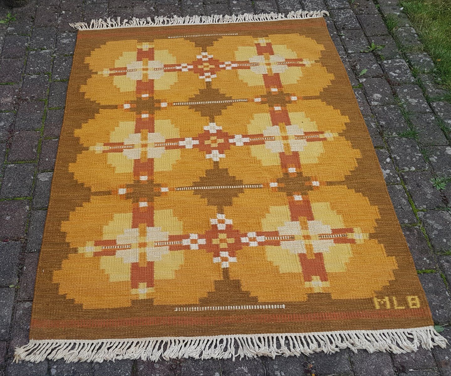 Vintage Swedish Röllakan Rug With Signature, 1950s photo for sale