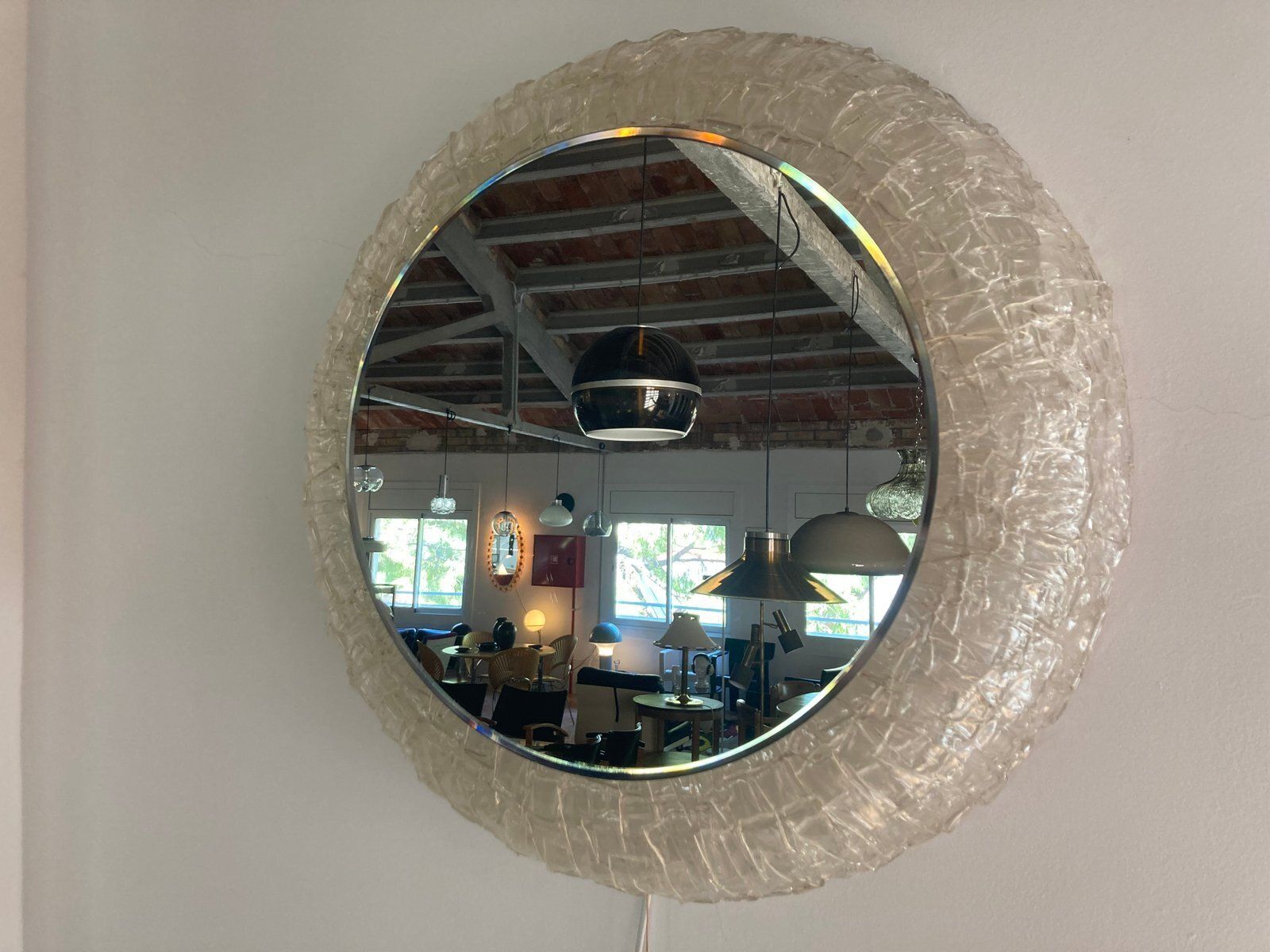 Lage Round Back Lit Acrylic Ice Glass Wall Mirror Attributed To Egon Hillebrand For Hillebrand Lighting, Germany, 1970s photo for sale