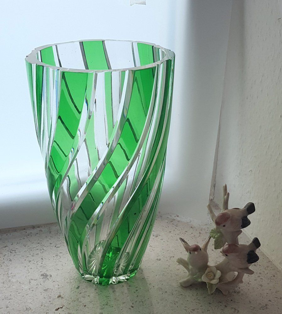 Antique Green Clear Crystal Cut Glass Vase By Joh. Oertel photo for sale