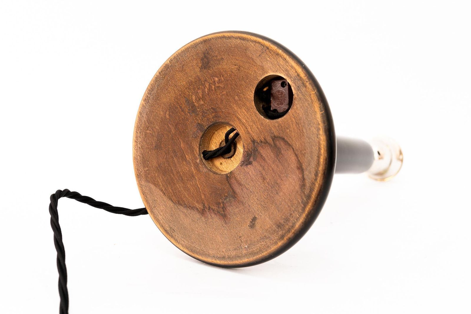 photo vintage Big Wood And Nickel Table Lamp With Fabric Shade Around 1920s