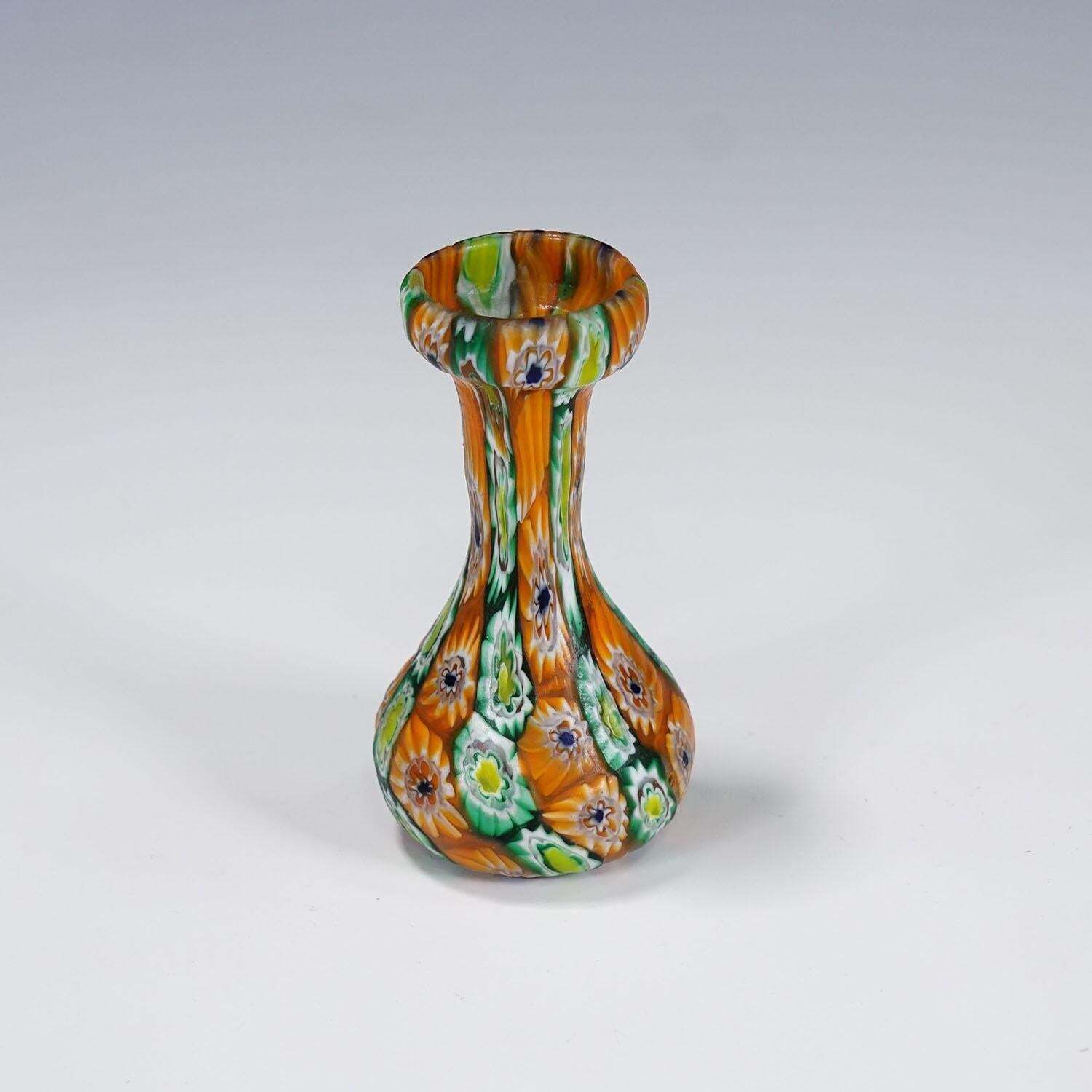 Antique Millefiori Vase Green And Orange, Fratelli Toso Murano Ca. 1920s photo for sale