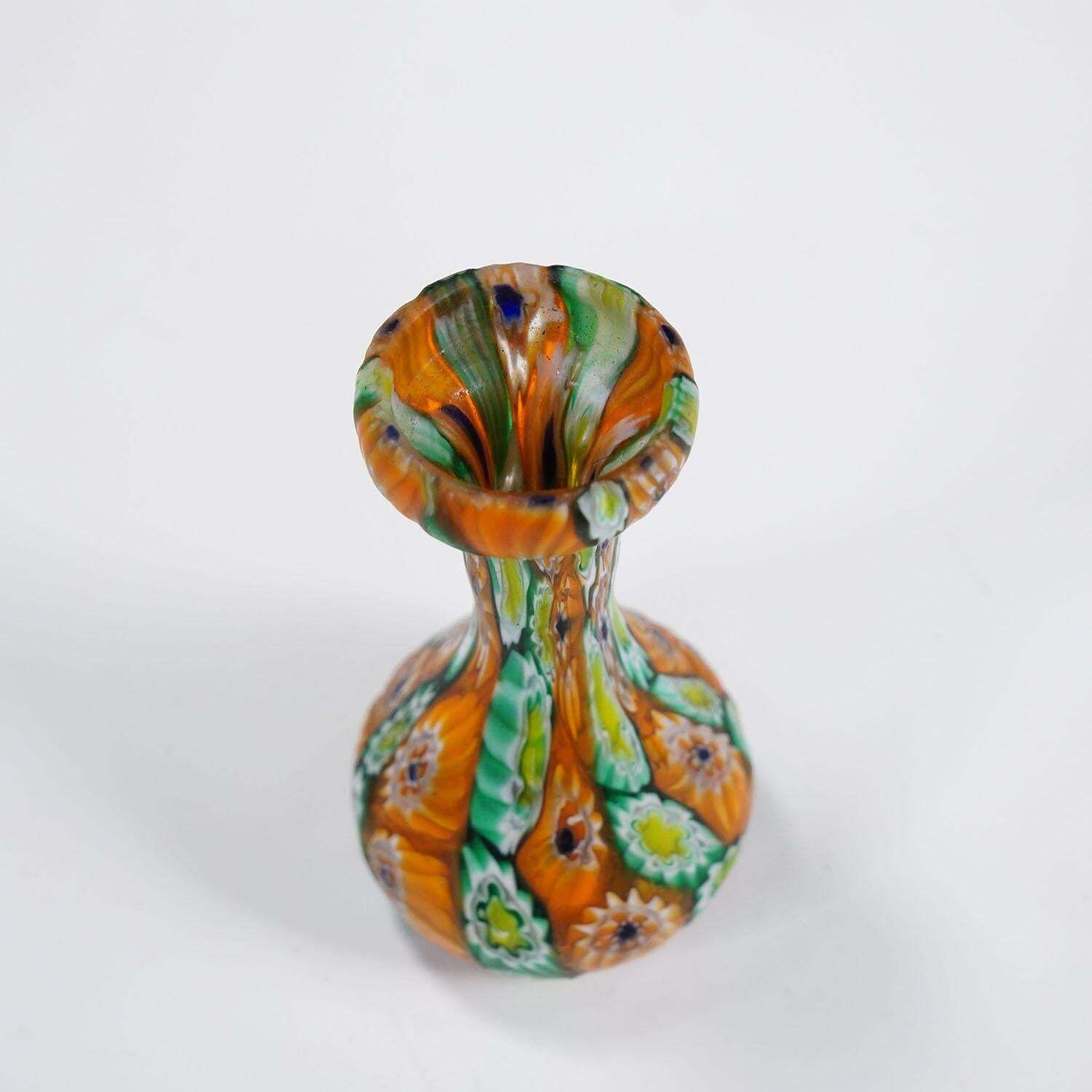 Antiek Millefiori Vaasje Groen En Oranje, Fratelli Toso Murano Ca. Jaren 1920 photo 250.0