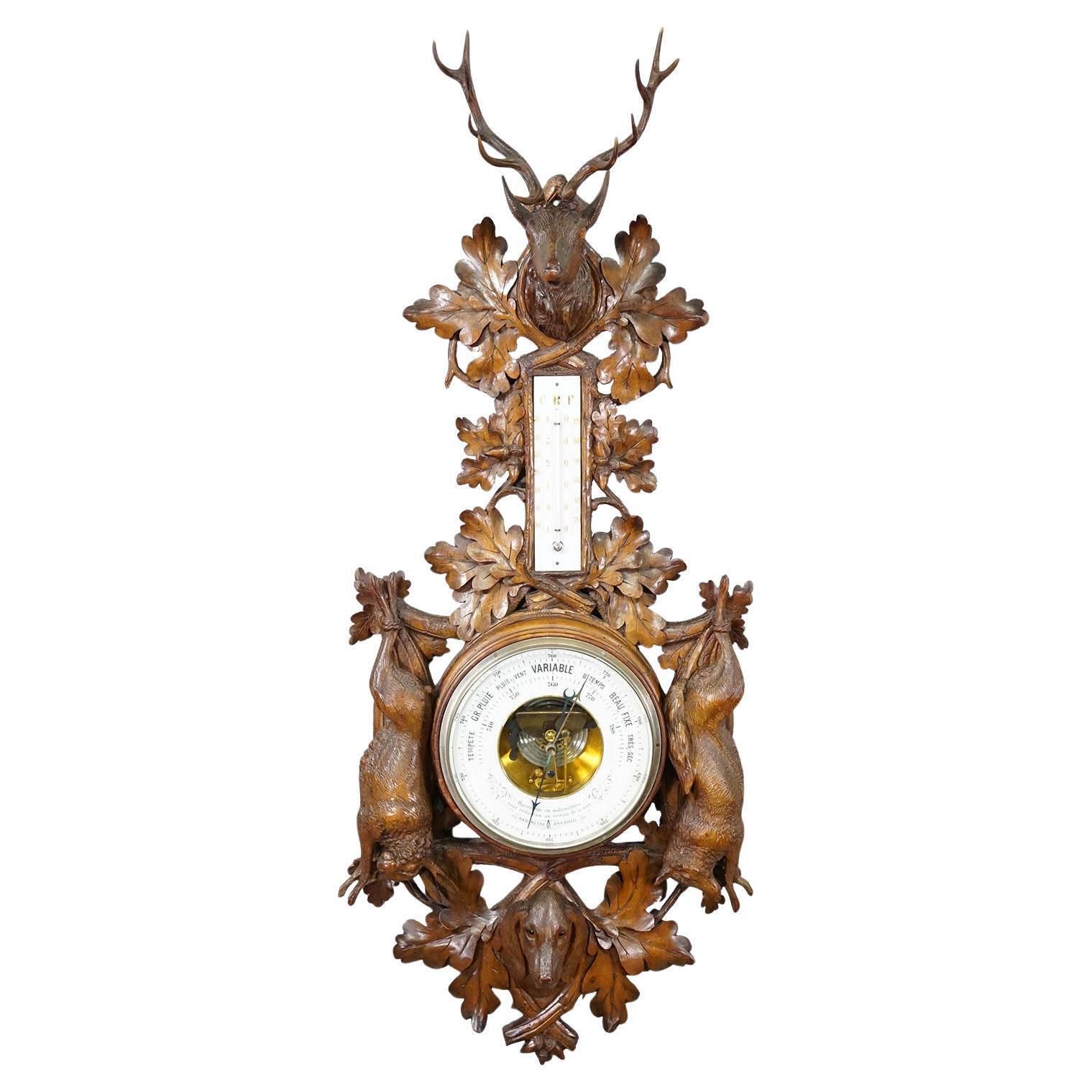 Large Wooden Carved Black Forest Weather Station With Deer
