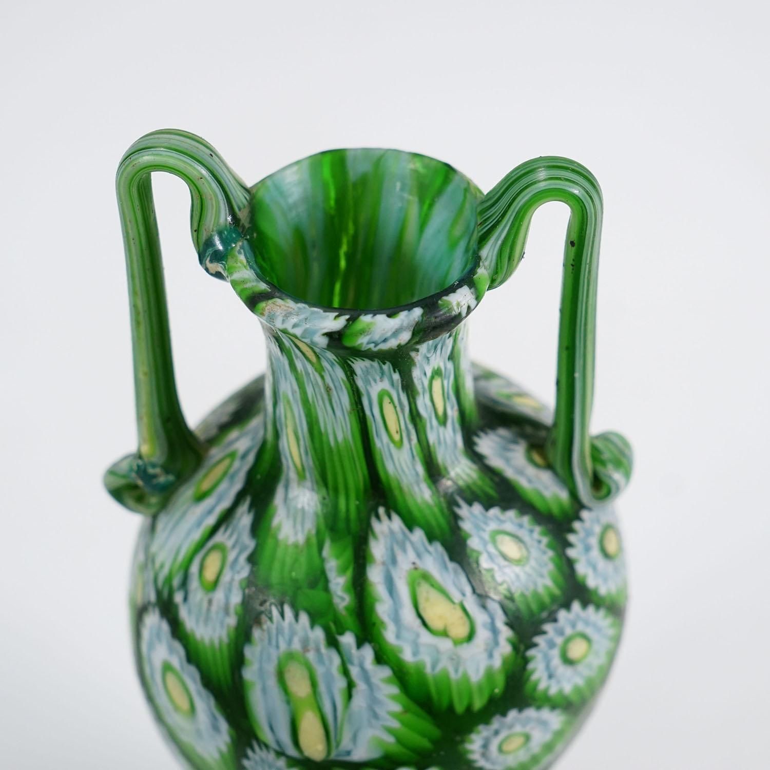 Antique Millefiori Vase Green With Handles, Fratelli Toso Murano Ca. 1920s photo 499.0