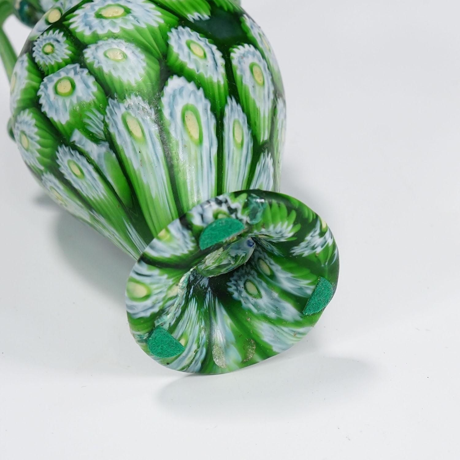 Antique Millefiori Vase Green With Handles, Fratelli Toso Murano Ca. 1920s photo buy