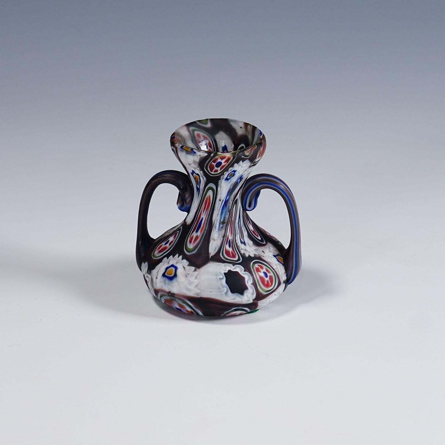 Antique Millefiori Vase In Violet And White With Handles Fratelli Toso Murano photo furniture