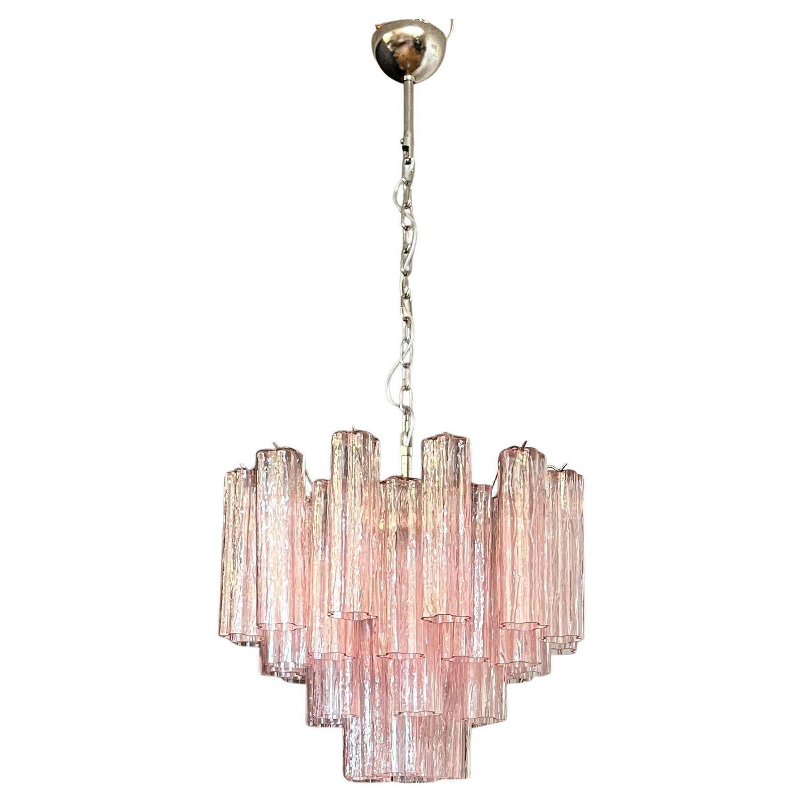 Pair Of Italian 36 Pink Glass Chandeliers, Murano, 1970s photo vinterior