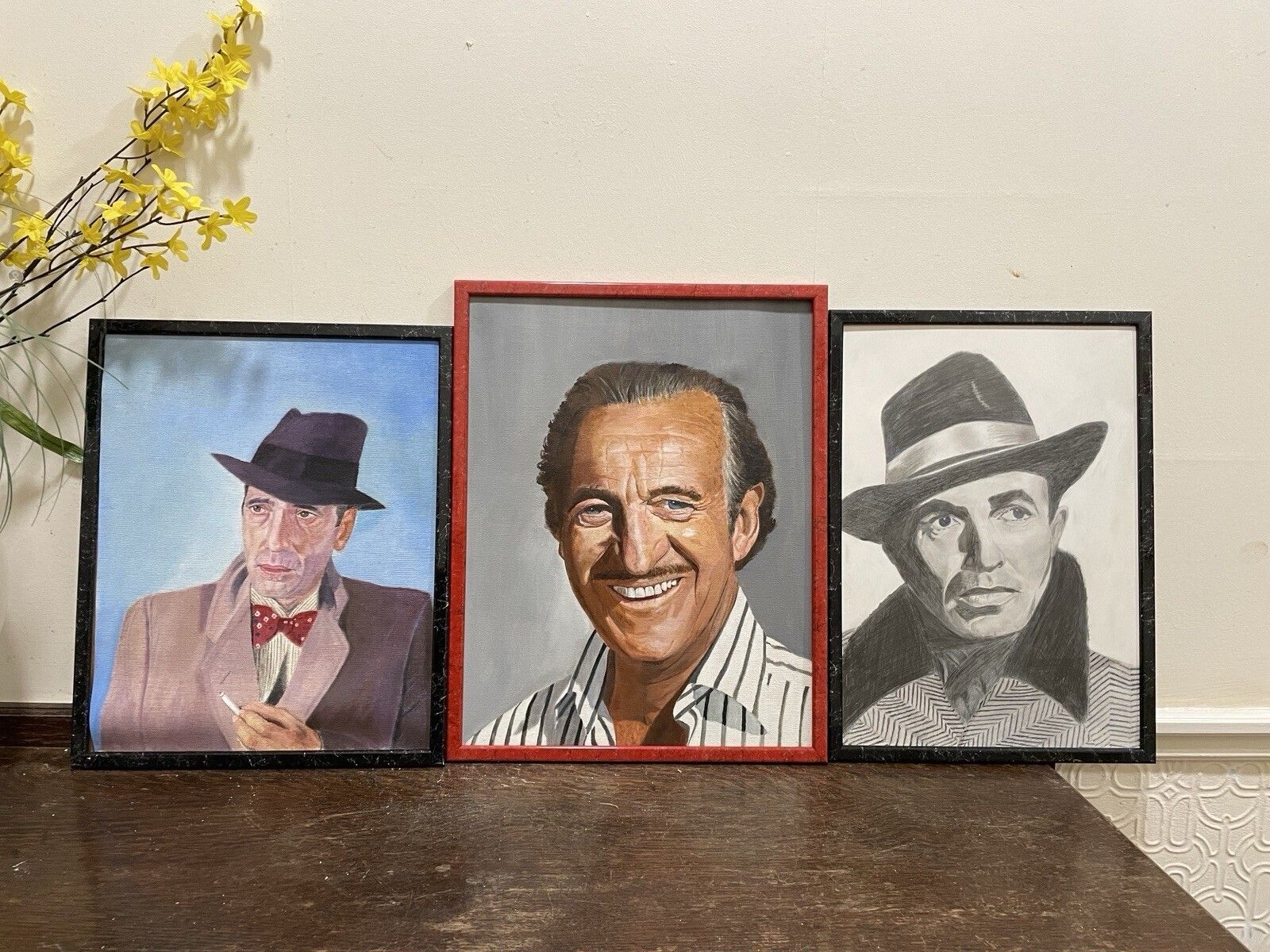 3x Vintage Oil Paintings/ Drawings Movie Flim Bogart Niven ? Hilton Kenworthy photo furniture