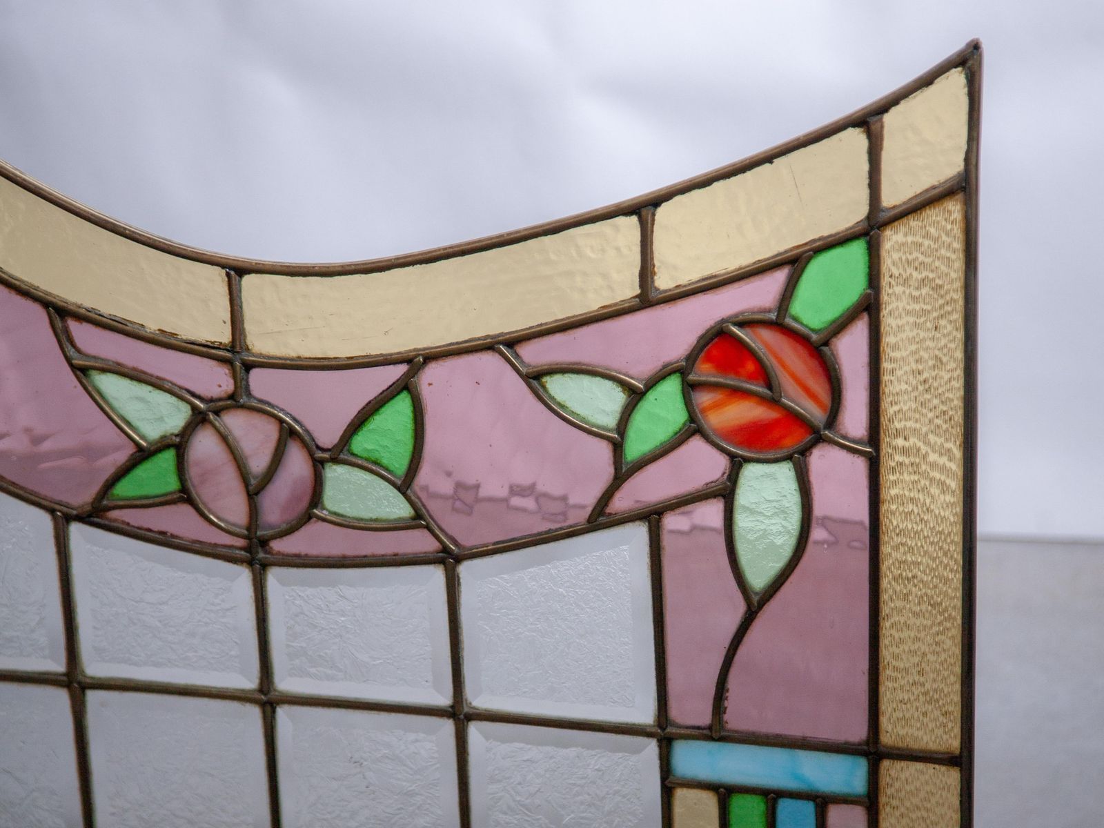 Art Deco Stained Flower Quirlande Glass Window In Etched Glass And Brass photo 3227.0