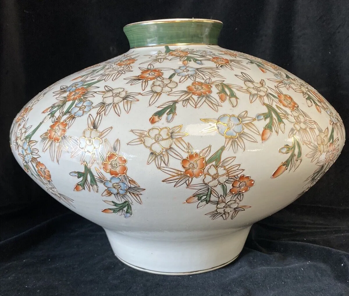 X Large Satsuma Vase On Stand Green Orange White & Gold Trim photo 152.0